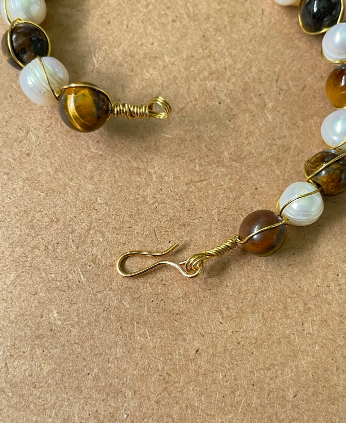 Freshwater Pearls and Tiger Eye Golden Wire Wrapped Bracelet