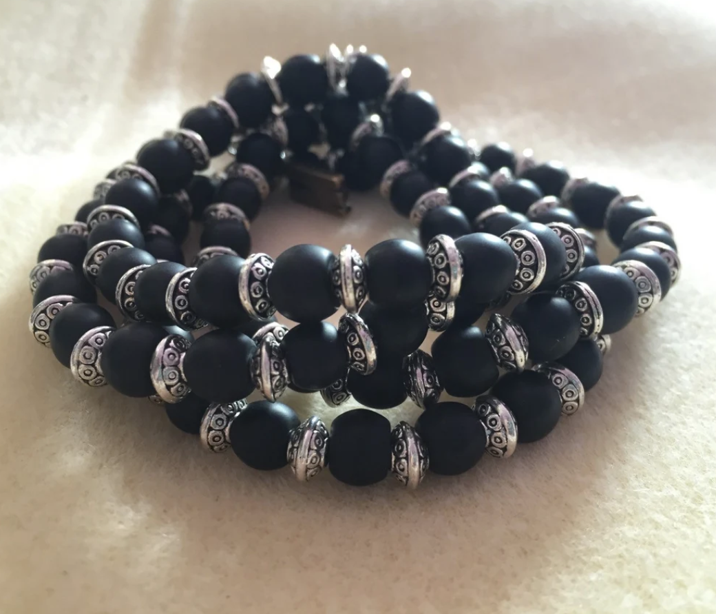 Frosted Black Glass and Tibetan Silver Bracelet