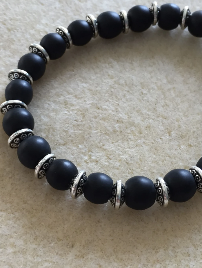 Frosted Black Glass and Tibetan Silver Bracelet