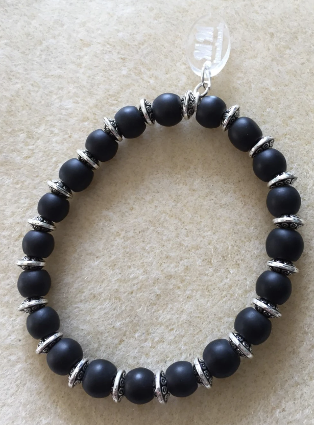 Frosted Black Glass and Tibetan Silver Bracelet