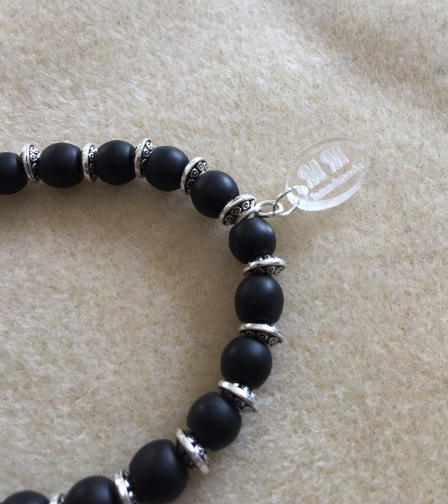 Frosted Black Glass and Tibetan Silver Bracelet