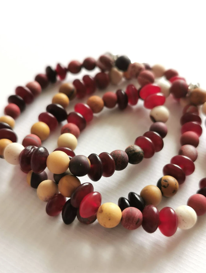 Frosted Mookite and Red Horn Beaded Bracelets