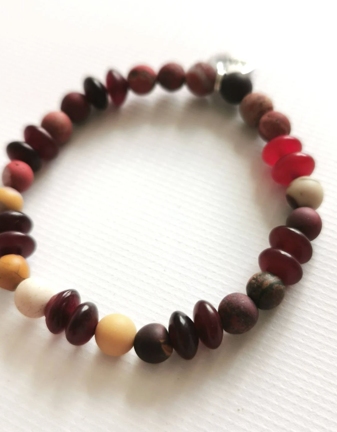 Frosted Mookite and Red Horn Beaded Bracelets