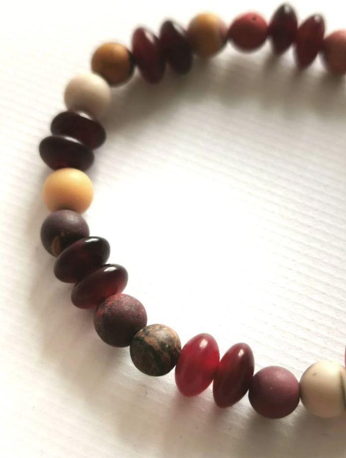 Frosted Mookite and Red Horn Beaded Bracelets