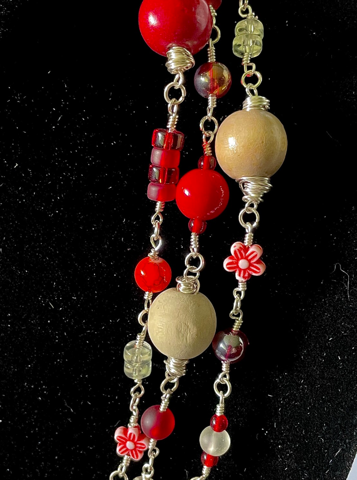 Funky Triple Strand Reds Oranges and Naturals Wire Wrap Necklace
