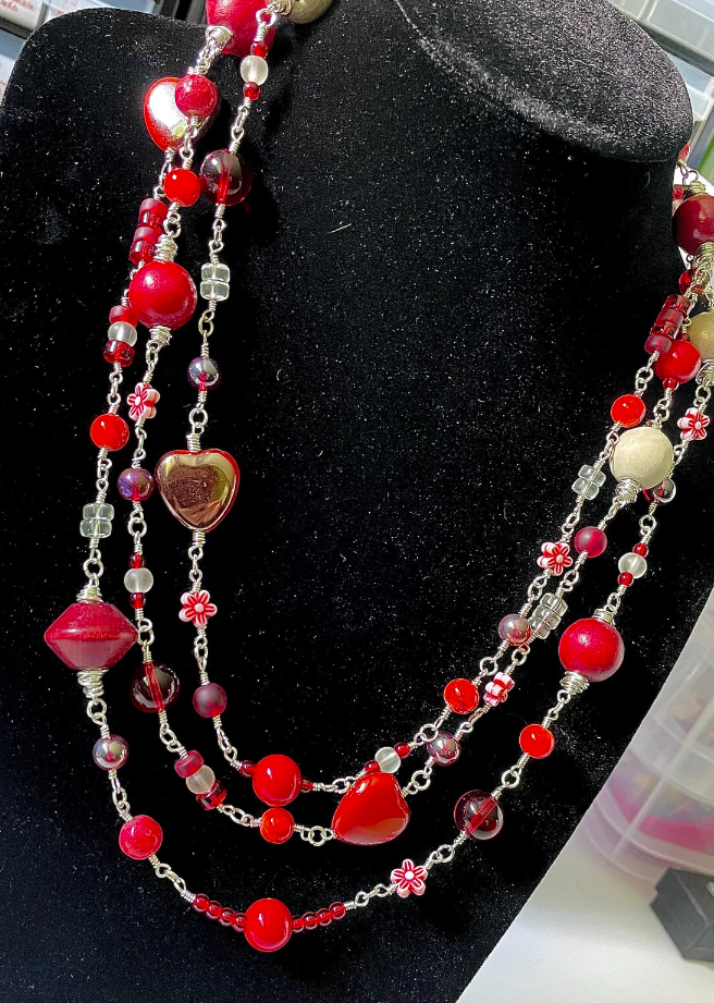 Funky Triple Strand Reds Oranges and Naturals Wire Wrap Necklace