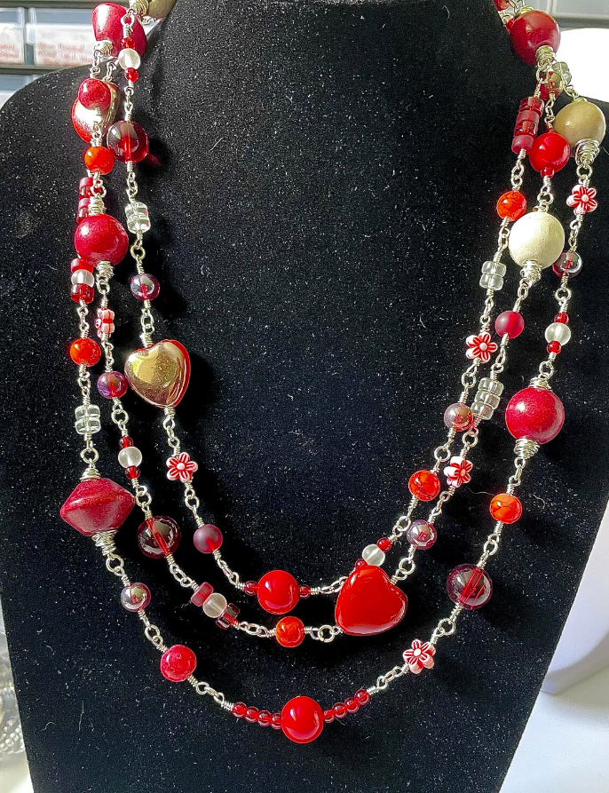 Funky Triple Strand Reds Oranges and Naturals Wire Wrap Necklace