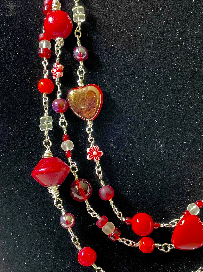 Funky Triple Strand Reds Oranges and Naturals Wire Wrap Necklace