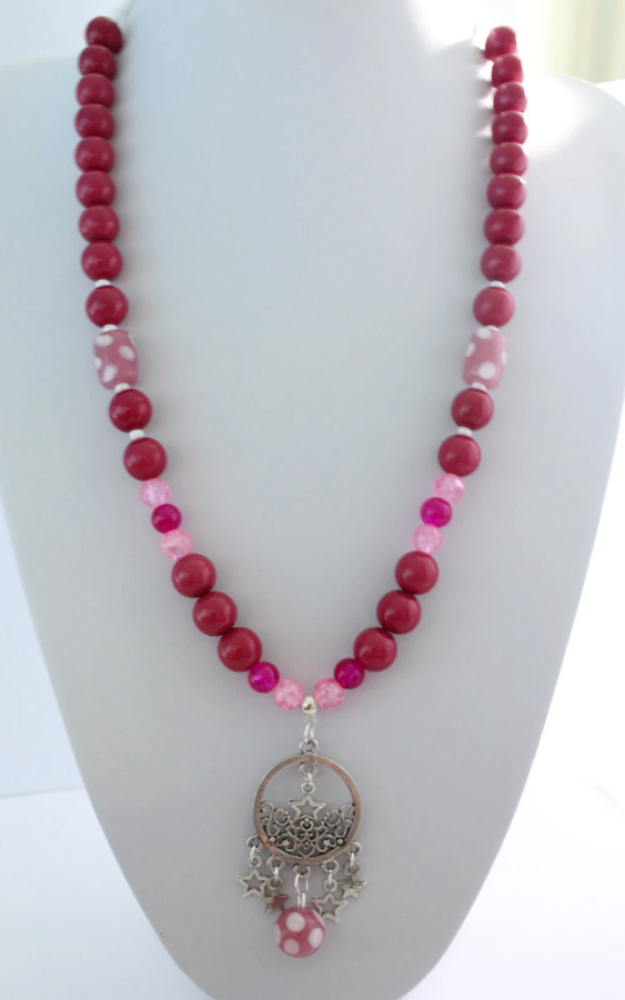 Gorgeous Shades of Pink Lampwork Crackle Glass Stars Pendant Necklace