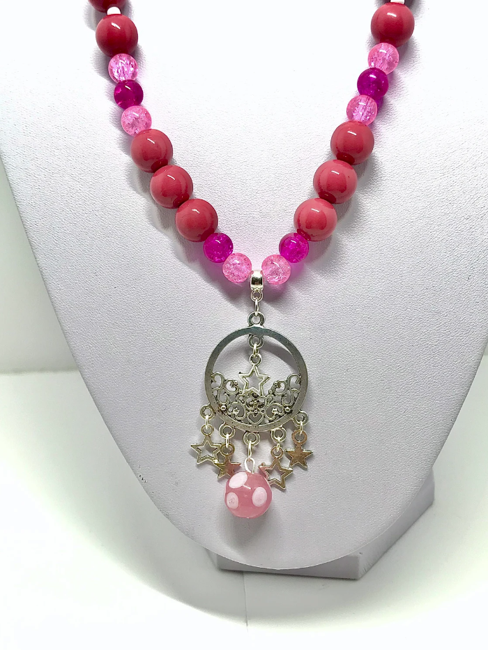 Gorgeous Shades of Pink Lampwork Crackle Glass Stars Pendant Necklace