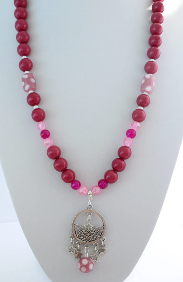 Gorgeous Shades of Pink Lampwork Crackle Glass Stars Pendant Necklace