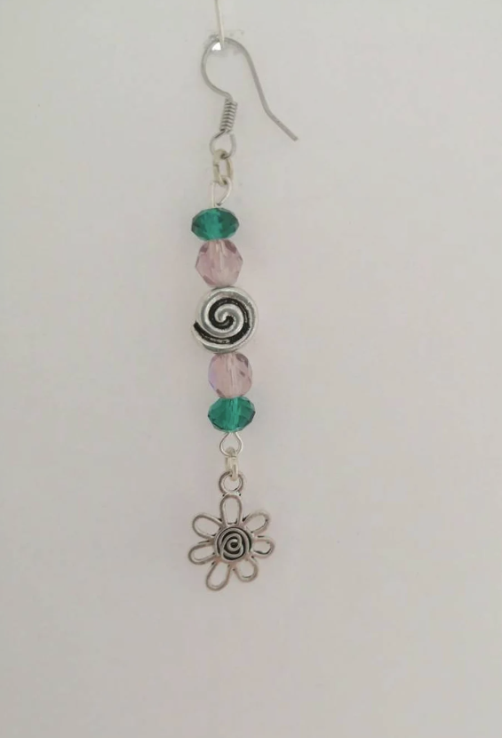 Green and Purple Glass and Swirly Flower Dangle Earrings