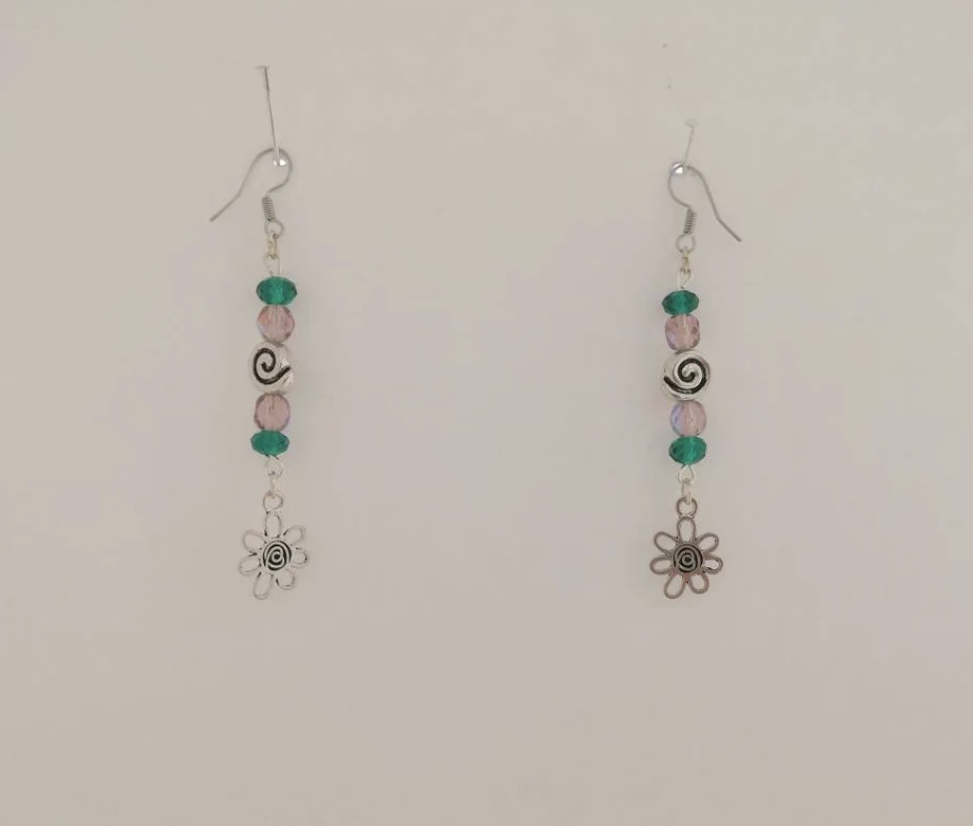 Green and Purple Glass and Swirly Flower Dangle Earrings