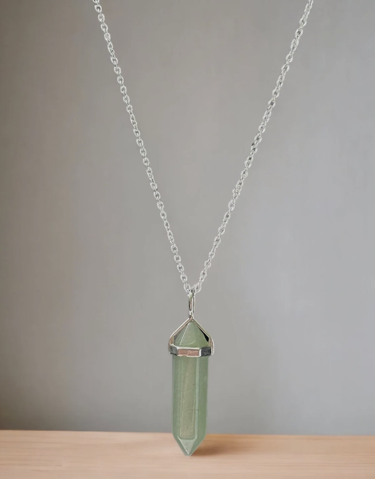 Green Aventurine Hexagon Wand Sterling Silver Necklace
