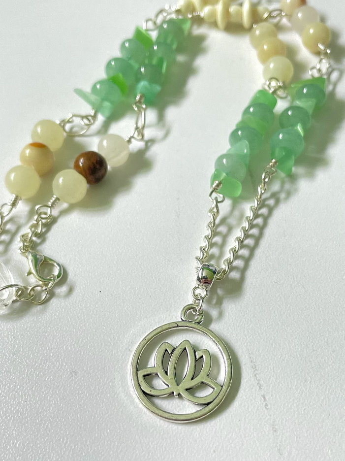 Green Aventurine, Italian Onyx Marble and Bone Lotus Flower Pendant Necklace