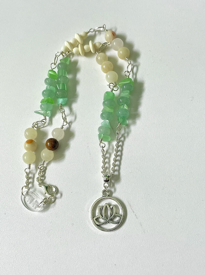 Green Aventurine, Italian Onyx Marble and Bone Lotus Flower Pendant Necklace