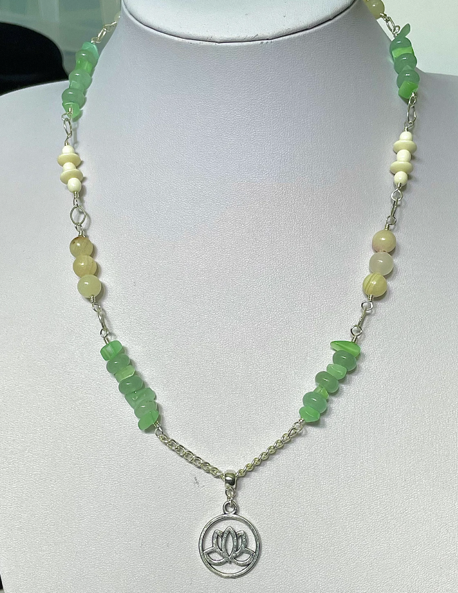 Green Aventurine, Italian Onyx Marble and Bone Lotus Flower Pendant Necklace