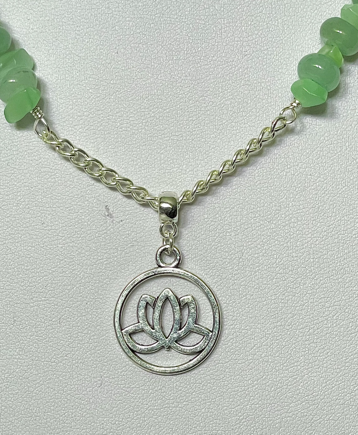Green Aventurine, Italian Onyx Marble and Bone Lotus Flower Pendant Necklace