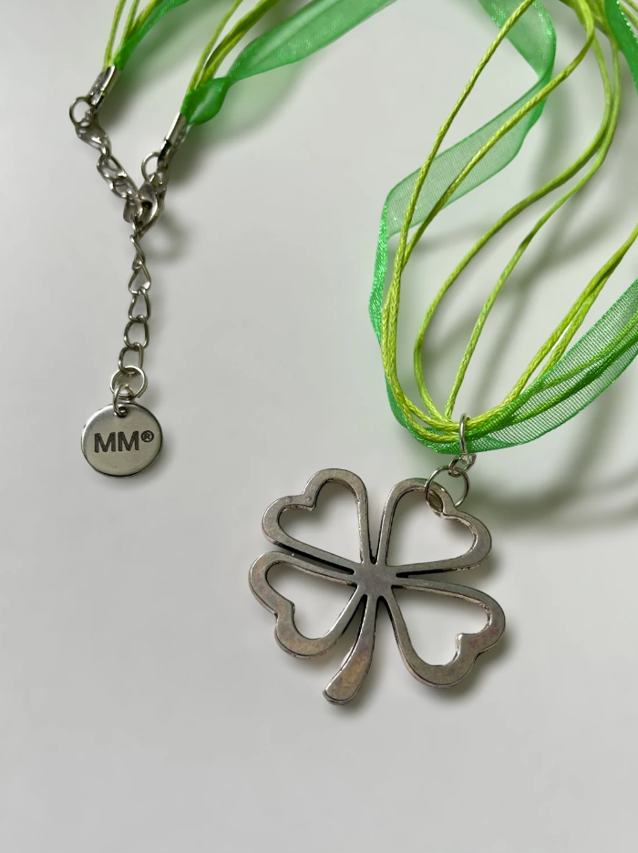 Green Cord and Ribbon Silver Four Leaf Clover Pendant Necklace