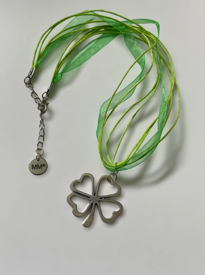 Green Cord and Ribbon Silver Four Leaf Clover Pendant Necklace