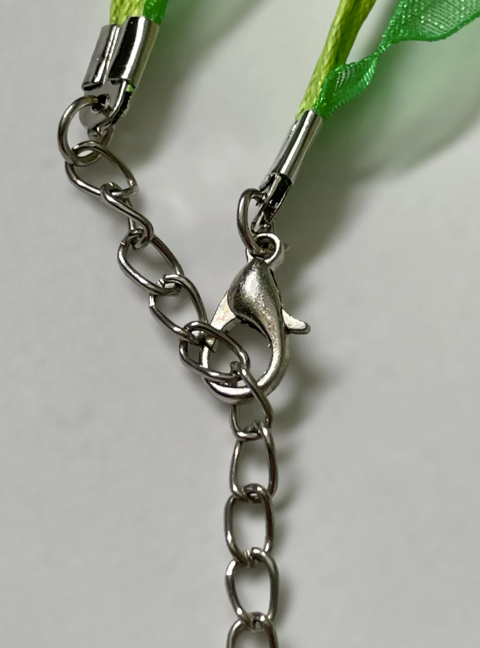 Green Cord and Ribbon Silver Four Leaf Clover Pendant Necklace
