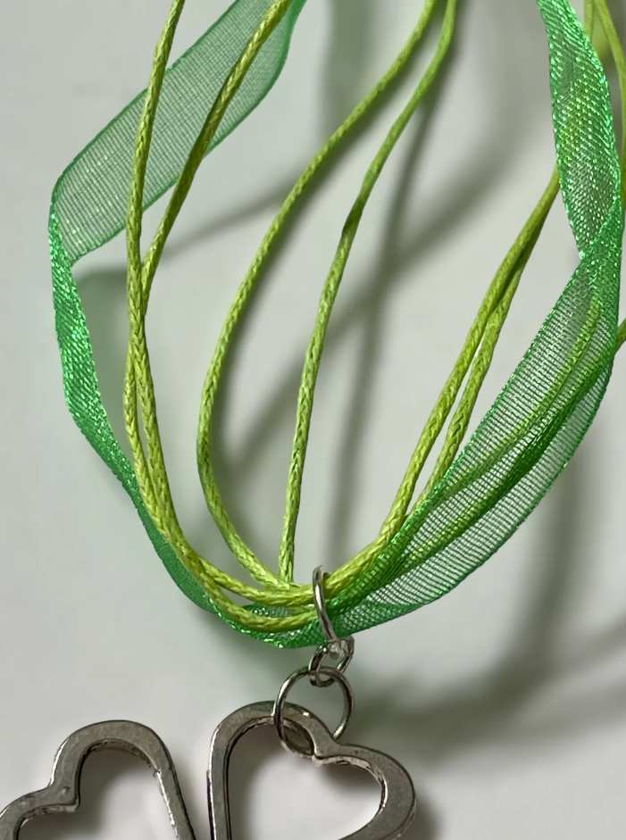 Green Cord and Ribbon Silver Four Leaf Clover Pendant Necklace