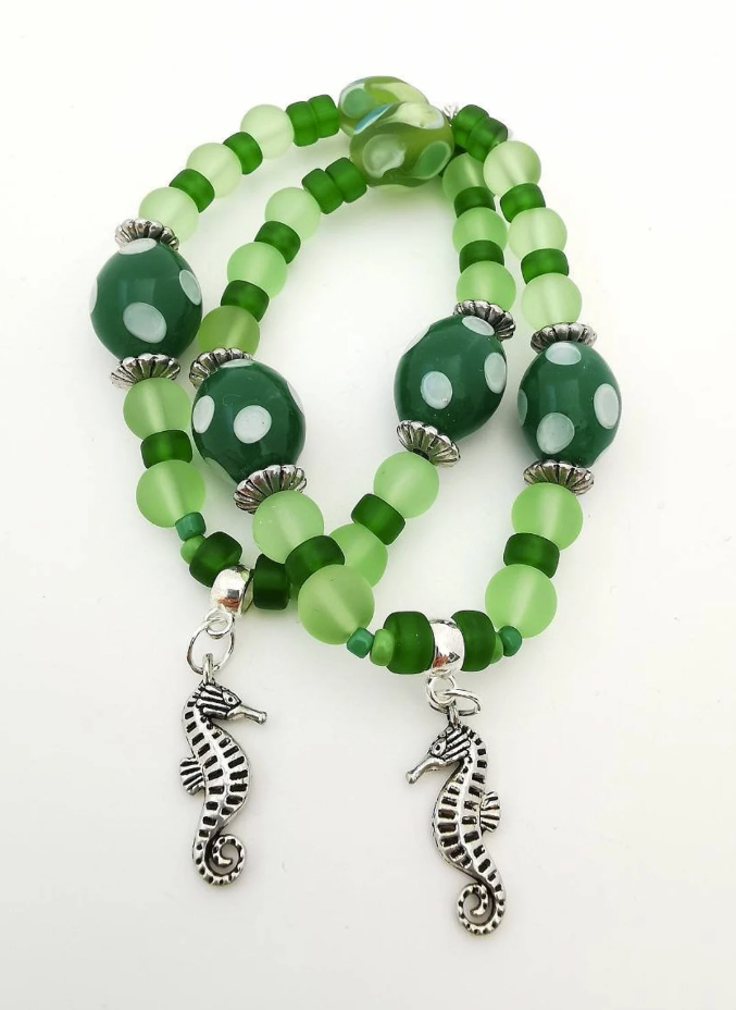 Green Lamp Glass and Seahorse Charm Bracelet