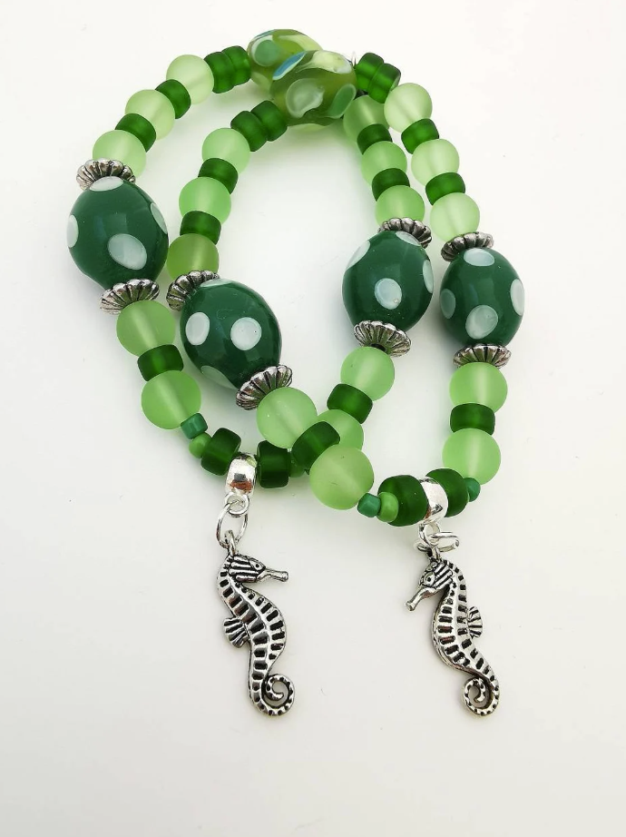 Green Lamp Glass and Seahorse Charm Bracelet