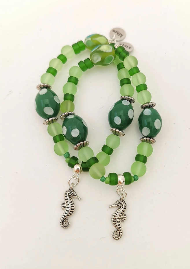 Green Lamp Glass and Seahorse Charm Bracelet
