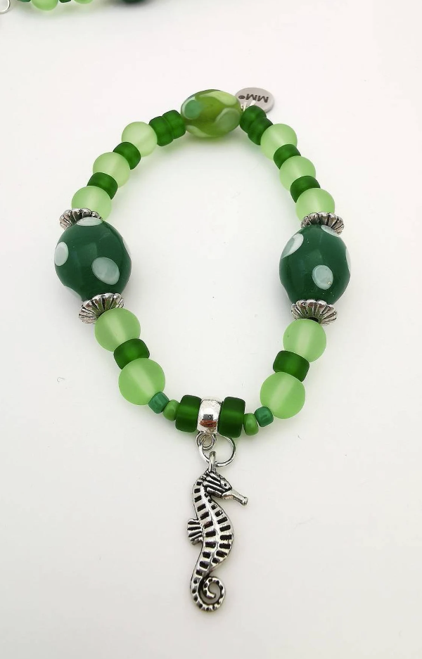 Green Lamp Glass and Seahorse Charm Bracelet
