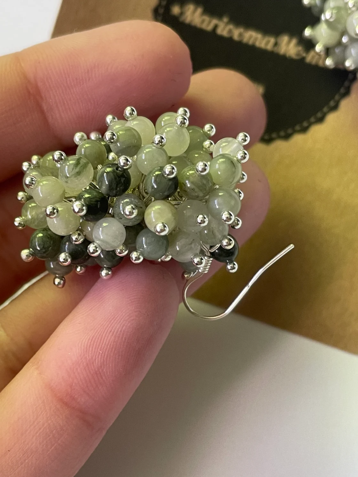 Green Line Quartz Cluster Sterling Silver Dangle Earrings