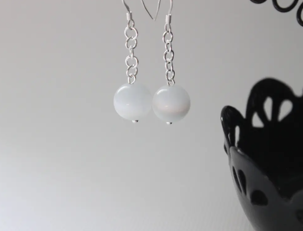 Grey White Cat Eye Sterling Silver Earrings