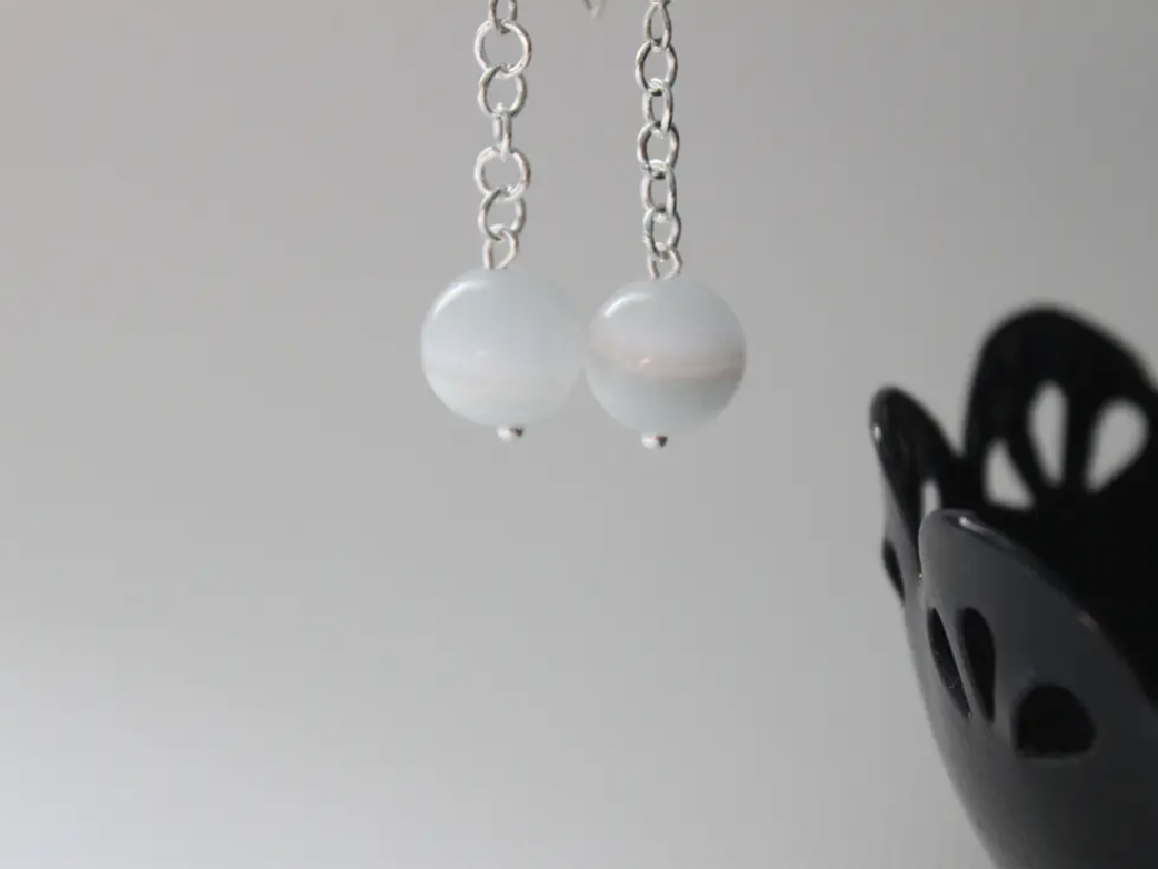 Grey White Cat Eye Sterling Silver Earrings