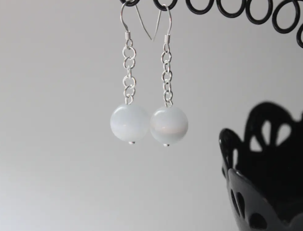 Grey White Cat Eye Sterling Silver Earrings