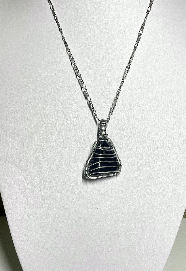 Hand wrapped black rolled unusual shape Tourmaline stone pendant necklace with silver 18” trace chain