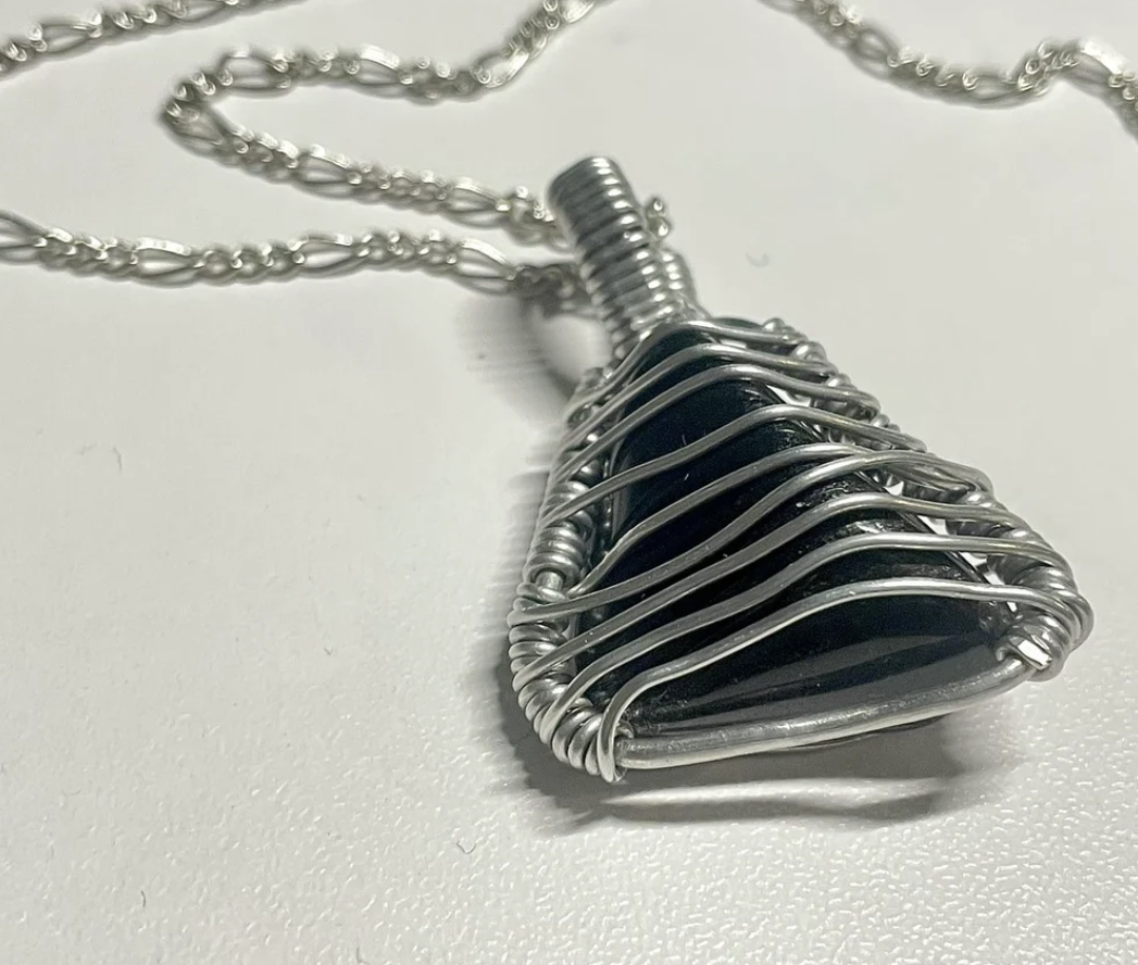 Hand wrapped black rolled unusual shape Tourmaline stone pendant necklace with silver 18” trace chain