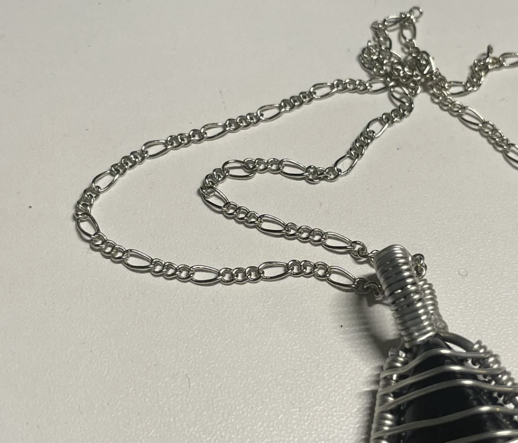 Hand wrapped black rolled unusual shape Tourmaline stone pendant necklace with silver 18” trace chain