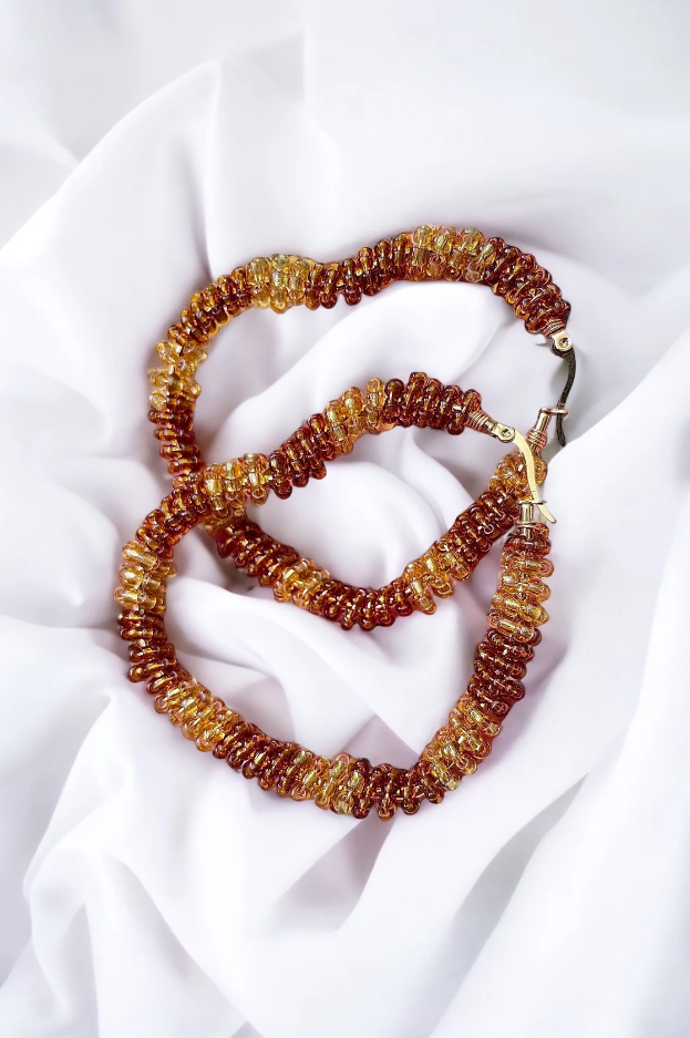 Large Gold and Brown Beaded Heart Hoop Earrings