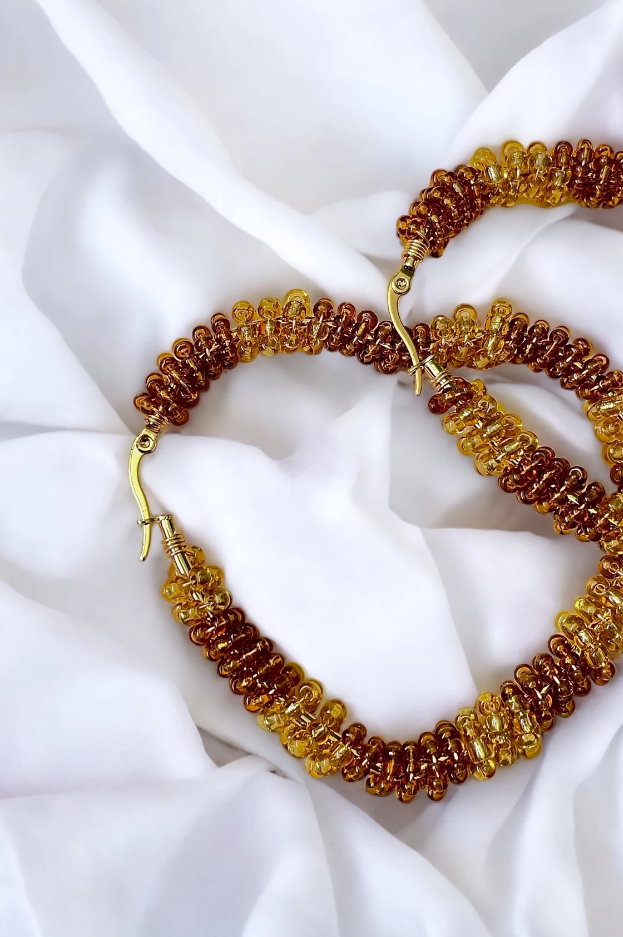 Large Gold and Brown Beaded Heart Hoop Earrings