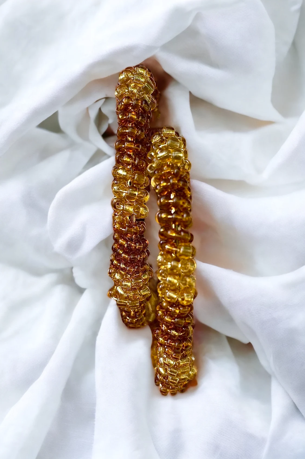 Large Gold and Brown Beaded Heart Hoop Earrings