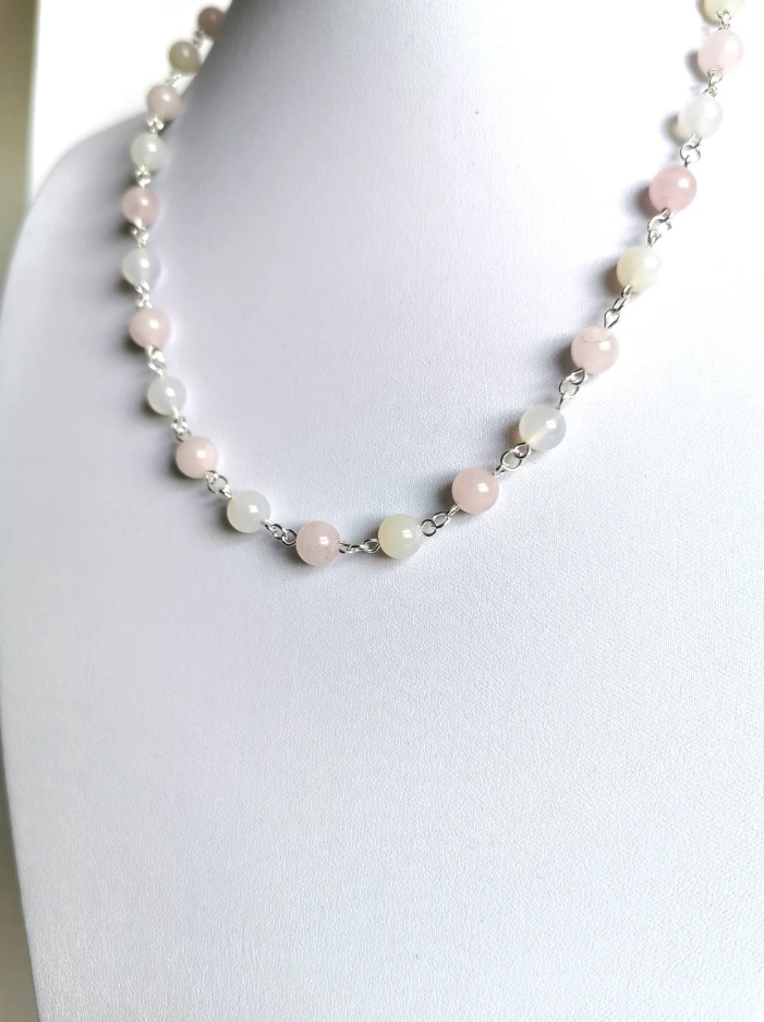 Lemon White Snow and Rose Quartz Sterling Silver Necklace