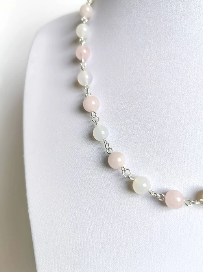 Lemon White Snow and Rose Quartz Sterling Silver Necklace