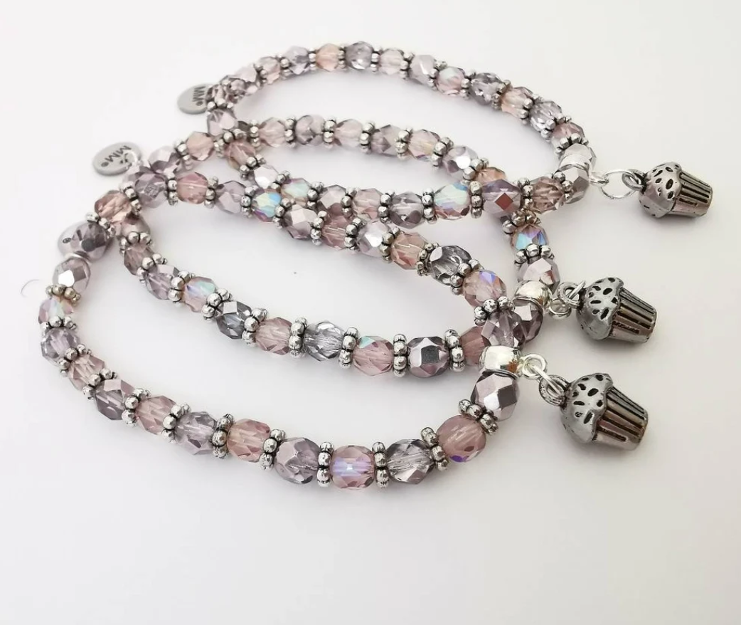 Lilac and Amethyst Glass Cupcake Charm Bracelet