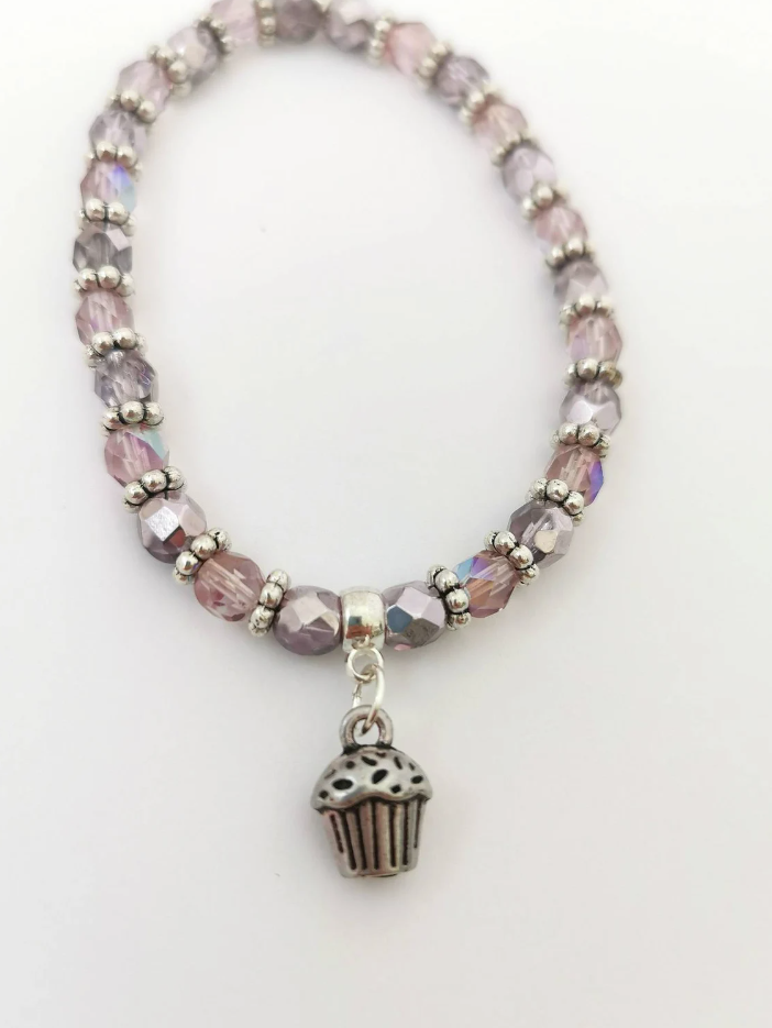 Lilac and Amethyst Glass Cupcake Charm Bracelet
