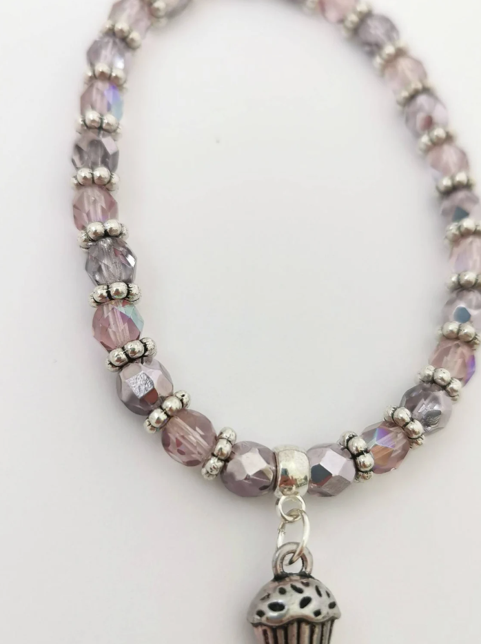Lilac and Amethyst Glass Cupcake Charm Bracelet