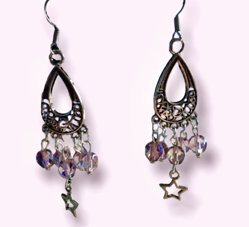 Lilac Faceted Glass Drop Pendant and Star Dangle Earrings