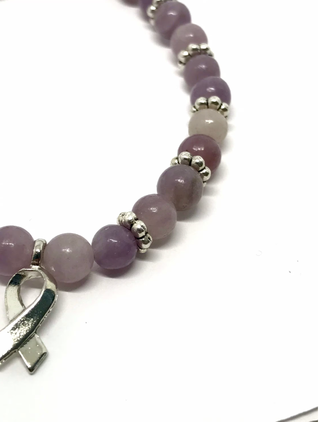 Lilac Quartz and Cancer Support/Awareness Ribbon Charm Bracelet