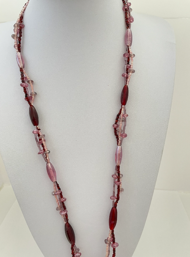 Long Beaded Multi Strand Sequin and Tassel Large Brass Pendant Pink and Red Necklace