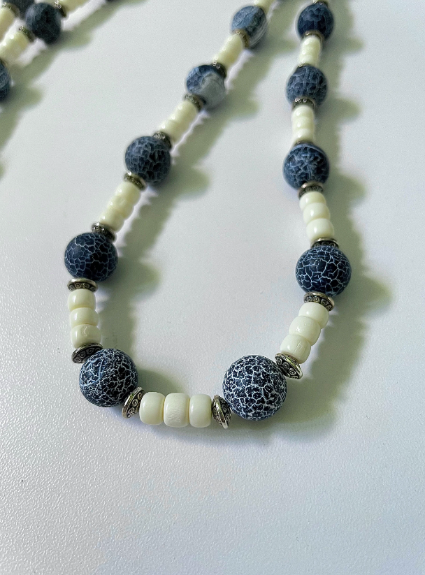Long Cracked Grey Agate and Bone Necklace