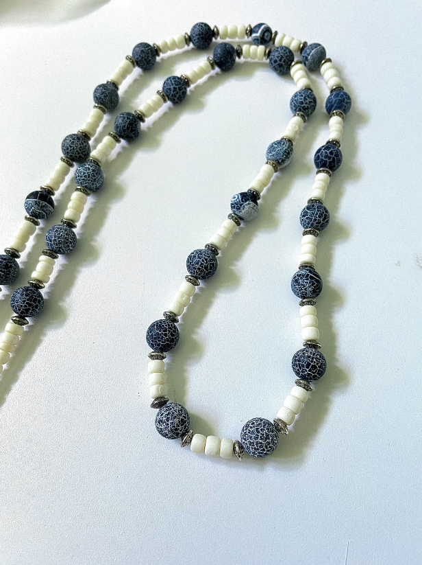 Long Cracked Grey Agate and Bone Necklace